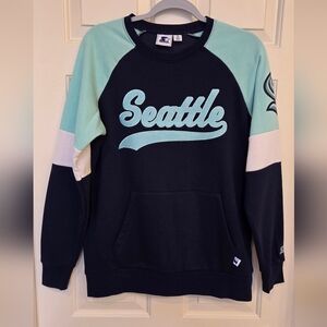 STARTER Women's Seattle Kraken Crewneck Sweater - Navy, White, Teal. Suze